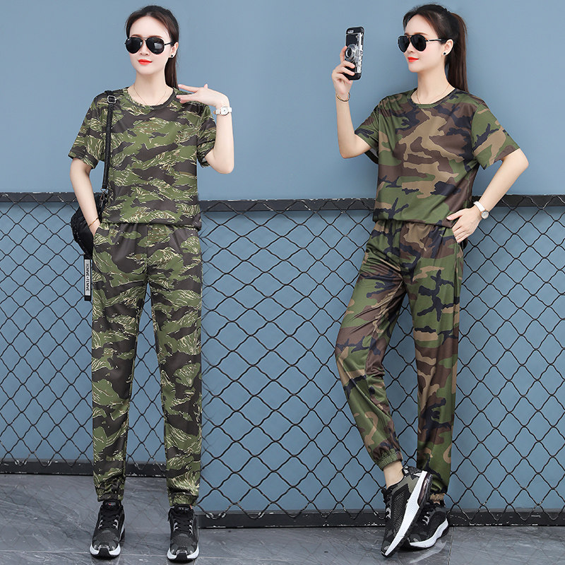 夏季薄款迷彩T恤男女半袖弹力休闲宽松透气裤子速干冰丝迷彩套装