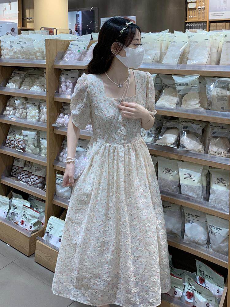 法式方领碎花连衣裙女夏季2025新款小个子初恋仙女泡泡袖刺绣长裙
