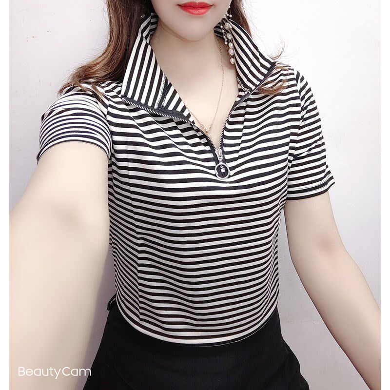 休闲t恤女2023新款夏季条纹短袖女装欧货百搭显瘦立领打底衫上衣t