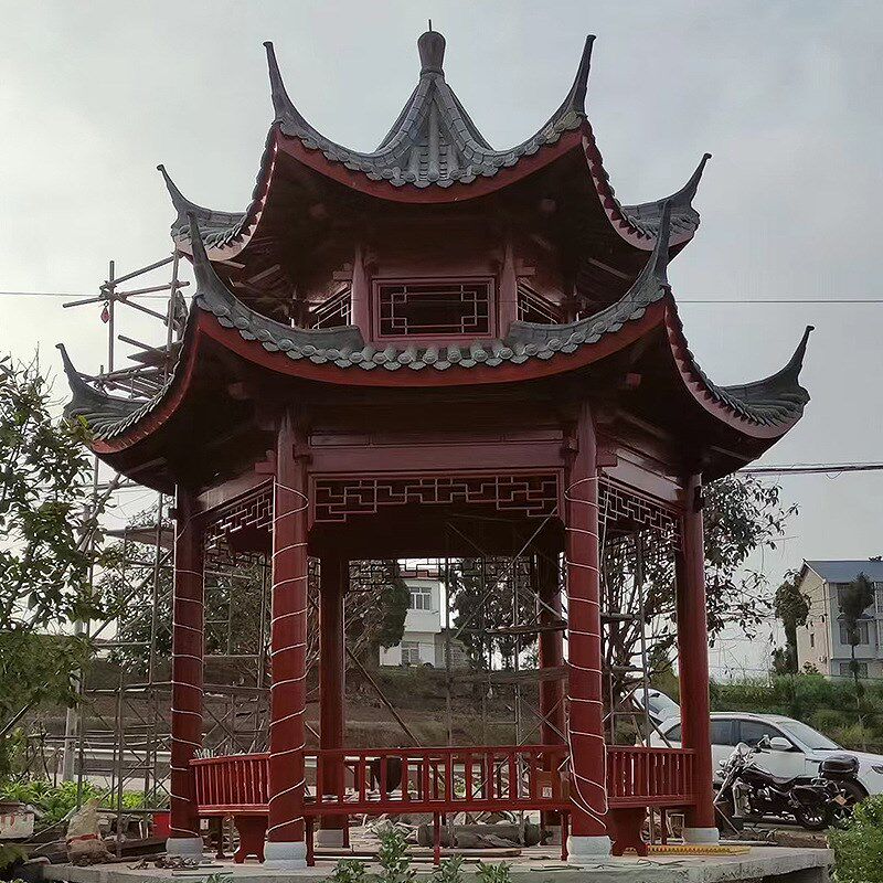 小青瓦六角双层凉亭户外园林景观凉亭公园庭院碳化X木休闲四角亭