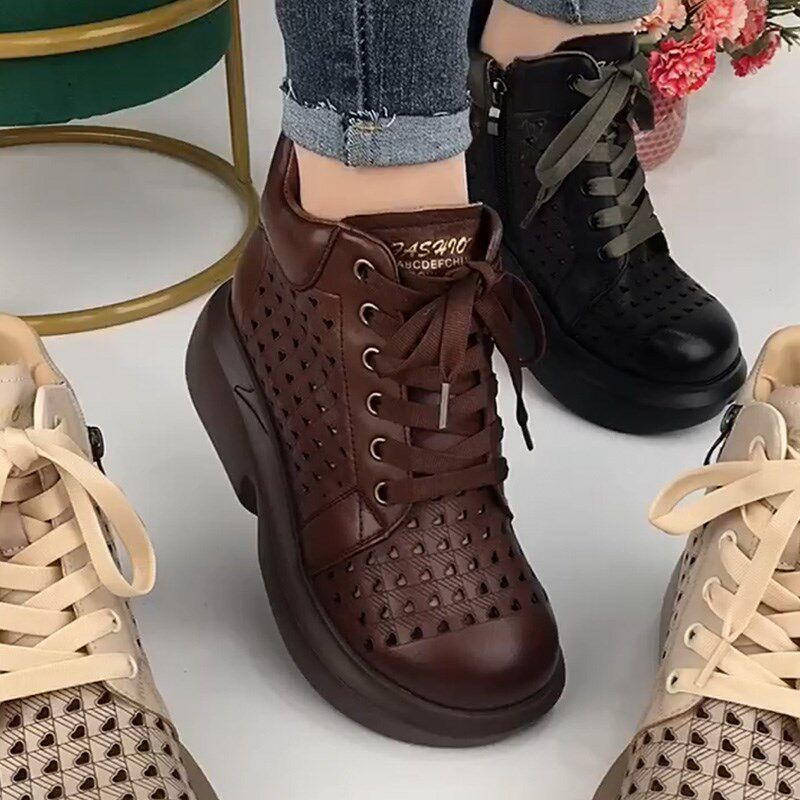 真皮短靴女2023年春季新款圆头厚底松糕底网靴牛皮民族凉靴妈妈鞋