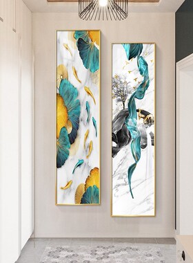 入户九鱼图玄关装饰画现代简约竖版窄长J条壁画楼梯挂画粉色大尺