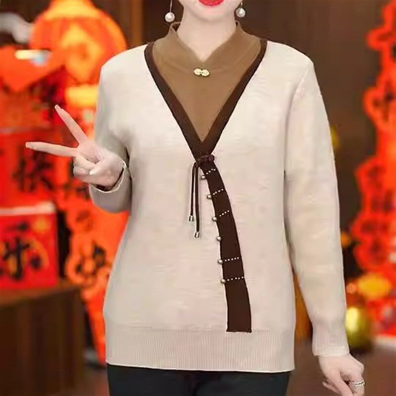 洋气中式国风旗袍领打底小衫套头时尚宽松假两件毛衣女复古半高领