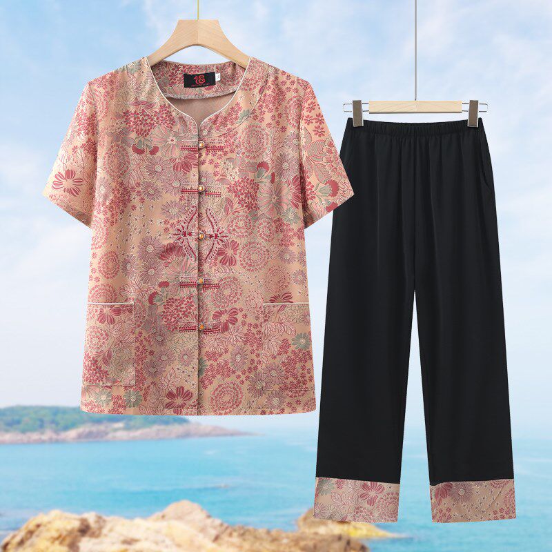 奶奶夏装短袖套装60岁70妈妈装T恤衫中老年女装两件套老太太衣服