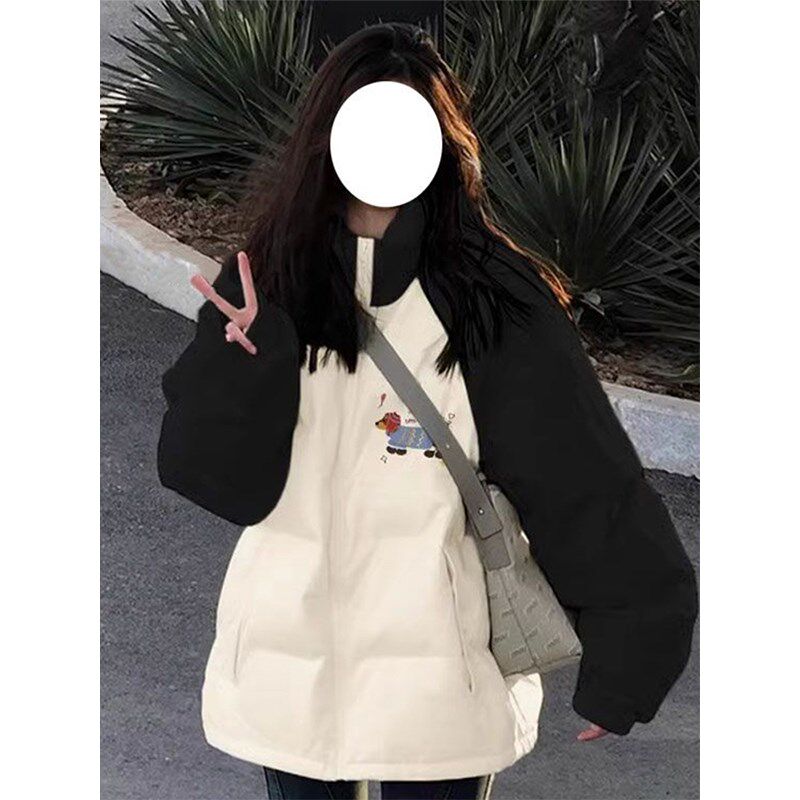 300斤大码女装插肩撞色拼接棉服女胖mm立领加厚学生面包服外套女
