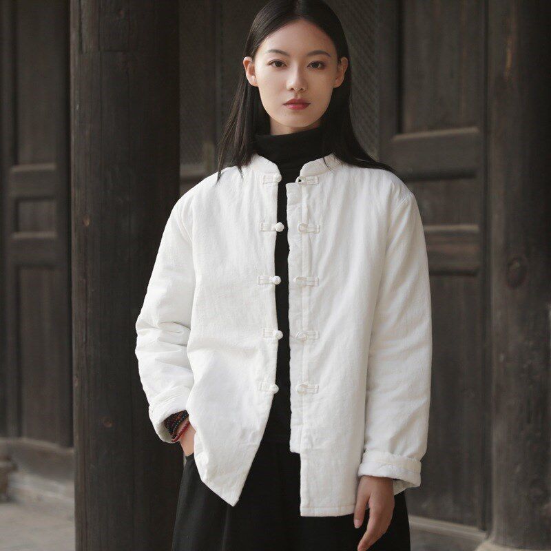 2024冬新款棉麻女装国风复古盘扣立领夹棉保暖短款晨练太极服棉衣