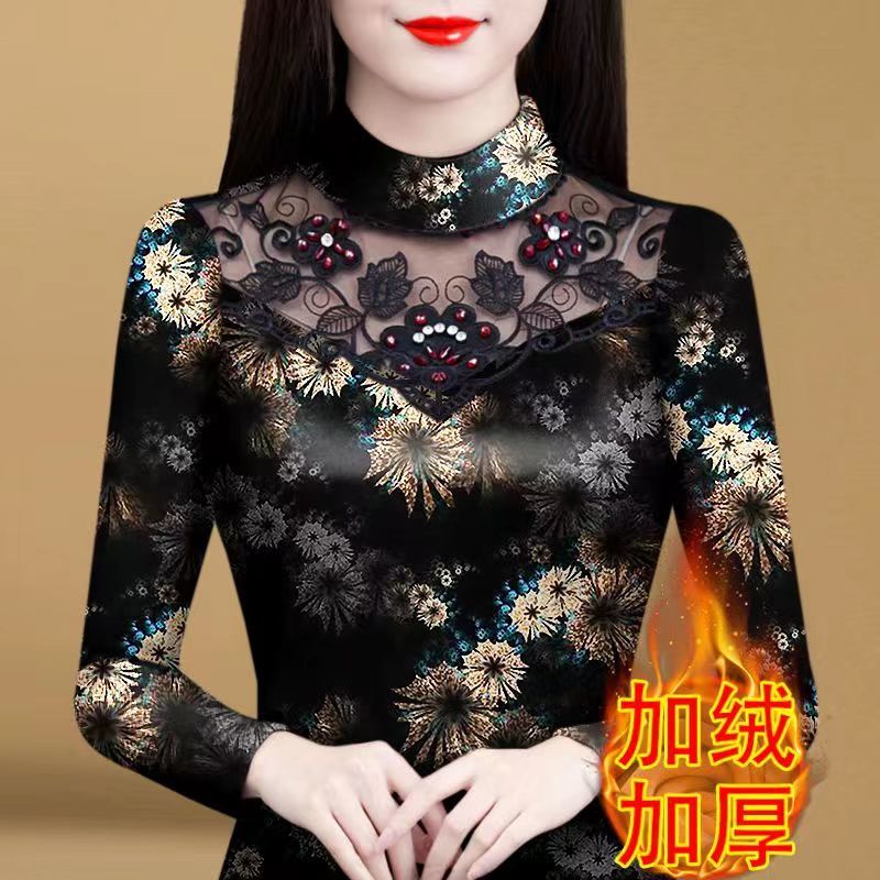 蕾丝保暖打底衫女秋冬2025年新款洋气钉珠半高领t恤内搭加绒上衣