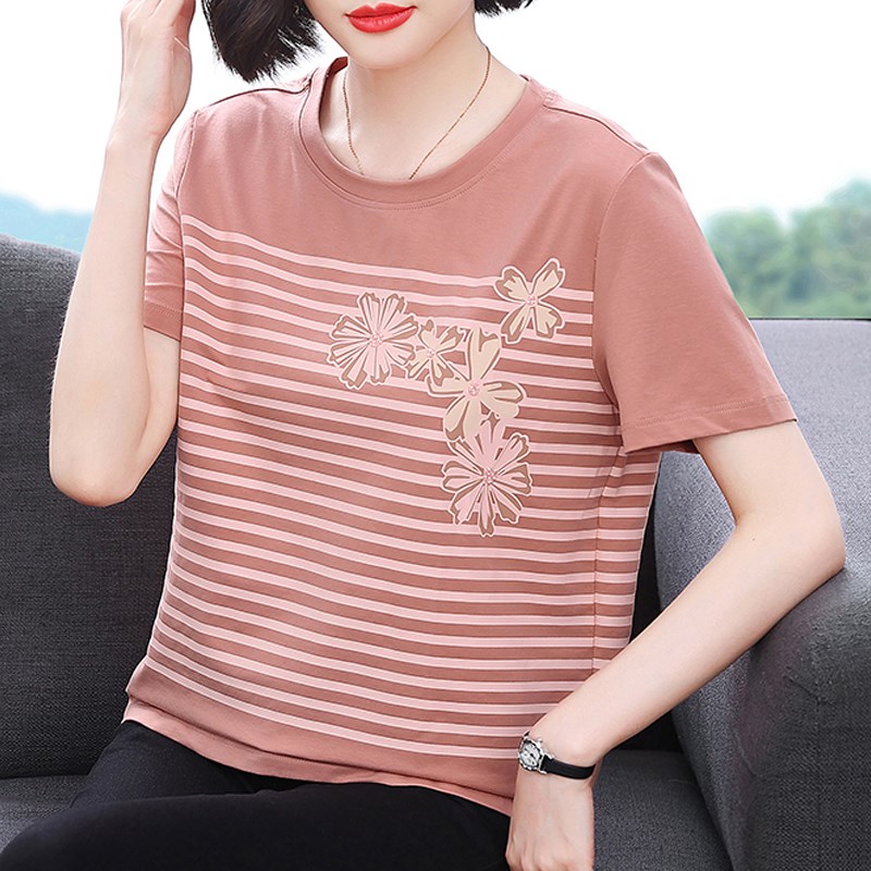 妈妈纯棉短袖t恤女2025夏装新款大码时尚小衫中老年条纹圆领上衣