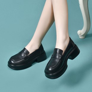 新款鞋子春季时尚舒适圆头粗跟单鞋春秋季不累脚真皮软底女士皮鞋