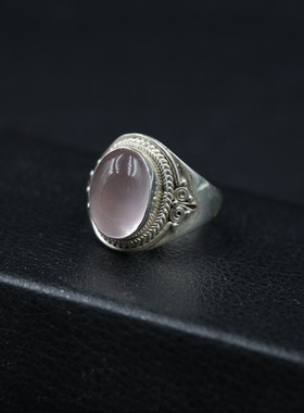 尼泊尔手工银饰品粉水晶芙蓉石戒指女开口指环个性U创意复古民族