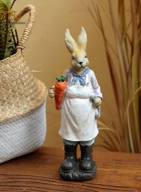 复古欧式可爱的白围裙夫人卡通兔F兔树脂彩绘送礼布景装饰摆件