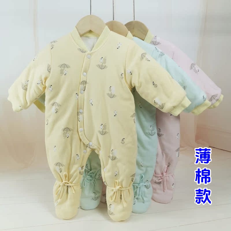 宝宝包裆连e体衣婴儿手工棉衣连脚水洗棉花闭裆包脚薄棉加厚加大