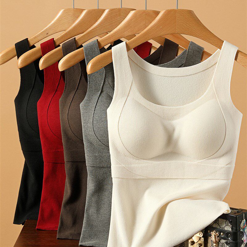 棉质保暖吊带背心女2025冬季加绒加厚发热无痕自带胸垫一体内衣秋