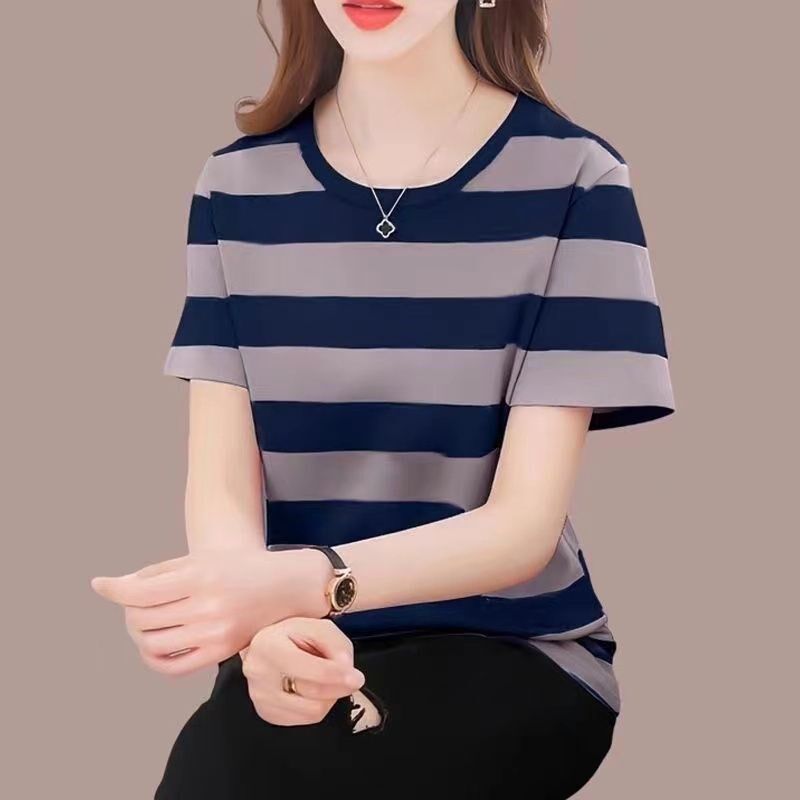 条纹t恤女短袖夏季2025新款宽松纯棉半袖V圆领显瘦妈妈洋气小衫