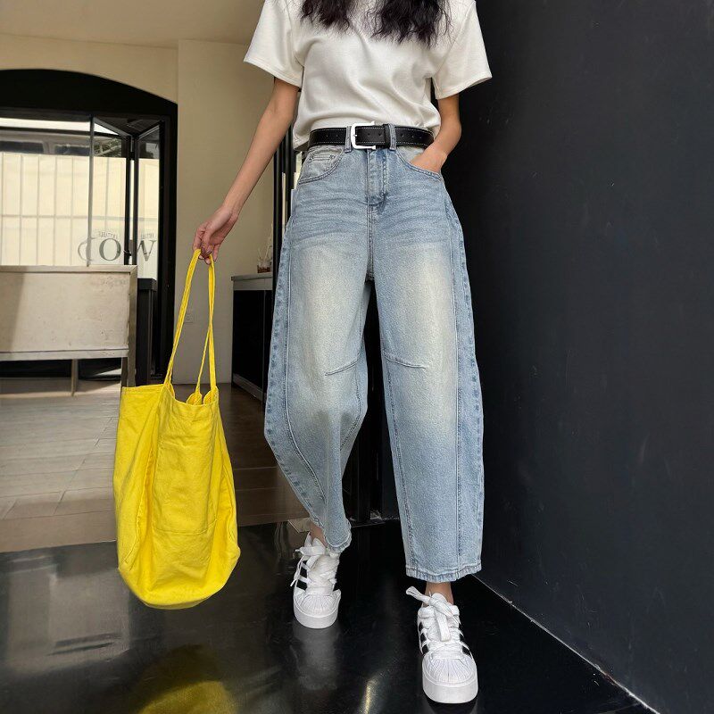 2025春季新款浅蓝色阔腿牛仔裤女宽松高腰九分小个子直筒裤弯刀裤