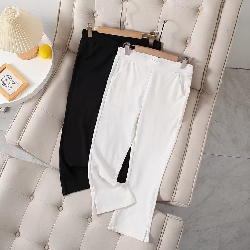 冰丝微喇叭裤子女夏季薄款2023新款小个子休闲垂感大码开叉八分裤