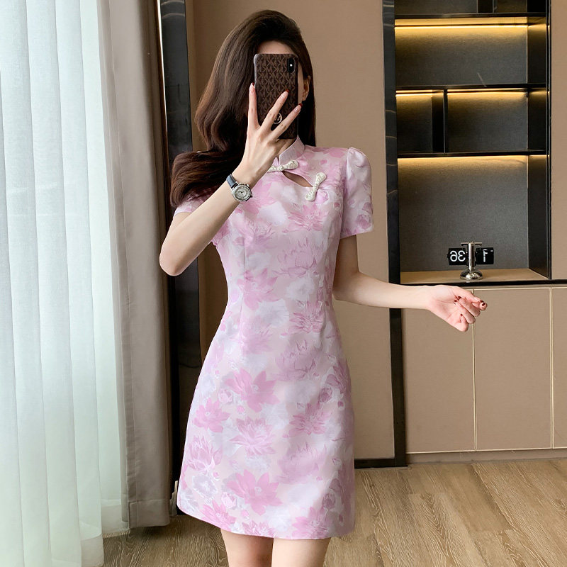 新中式国风改良旗袍连衣裙女夏季新款粉色法式盘扣小个子显瘦裙子