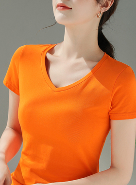 橙色短袖v领t恤女锁骨夏季设计感小众纯棉体恤紧身收腰别致上衣潮