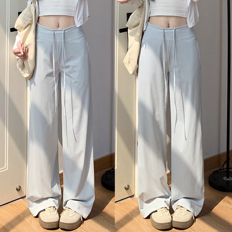 蓝色防晒裤女夏季薄款高腰垂感宽松直筒休闲阔腿小个子冰丝运动裤