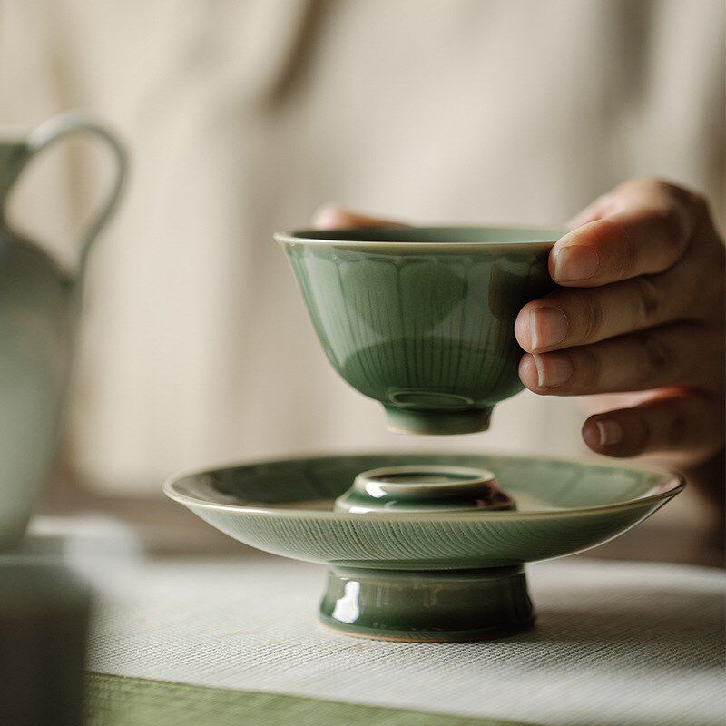 日式越窑青瓷手工雕刻莲瓣主人杯茶杯杯垫杯套茶具X整套茶盏茶托