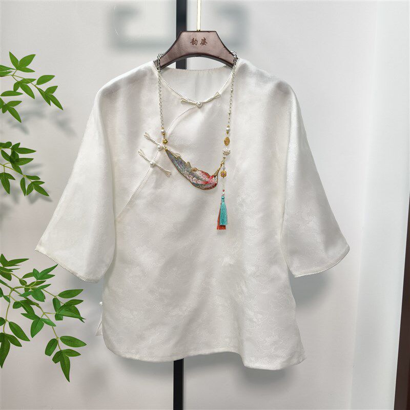 改良款旗袍春夏新品真丝提花面料圆领盘扣七分袖旗袍短款上衣外套