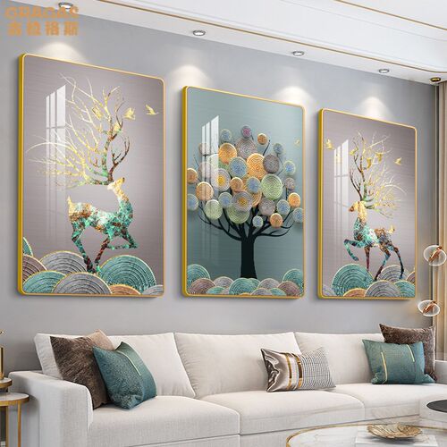 福禄相随客厅装饰画m沙发背景墙挂画现代简约高级壁画新中式晶瓷