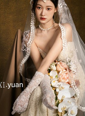 新娘复古蕾丝贴花头纱长拖尾婚纱拍照摄影样片道具跟妆旅拍道具品