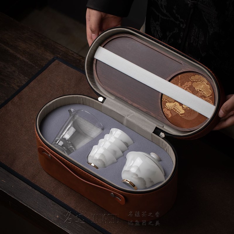 冰种水墨旅行茶具盖碗套装羊脂玉瓷一壶三杯N户外便携快客商务礼