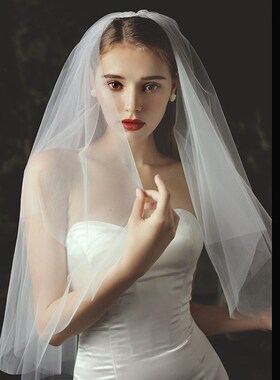 森系简约新娘结婚婚纱头纱短款白色双层领证登记求婚头纱拍照道具