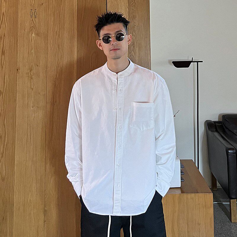杠叔长袖衬衫男春秋季简约v休闲百搭白色圆领衬衣潮流宽松韩版时