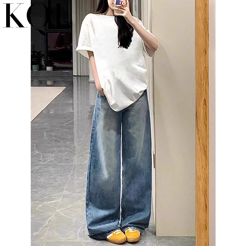 美式复古蓝色高腰阔腿牛仔裤女2025年夏季新款宽松显瘦垂感拖地裤