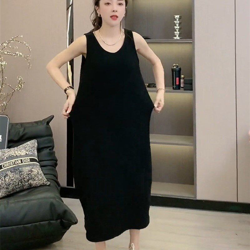 大尺码法式气质黑色吊带洋装女夏季新款宽松梨形身材小个子背心裙