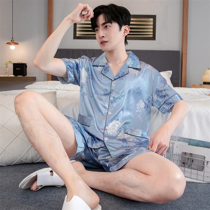 短袖薄款夏季冰丝丝绸男士家居服套装大码宽松简约时尚男款两件套