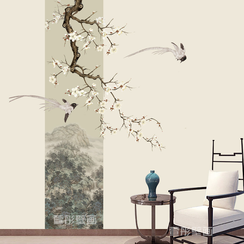 5d新中式淡雅花鸟客厅电s视背定制壁画