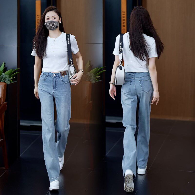 浅色高腰窄版阔腿牛仔裤女2025夏季薄款新款显瘦宽松垂感直筒裤子