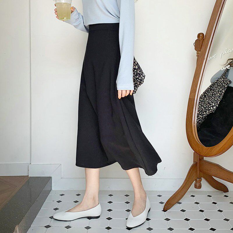 薄款A字中长款半身裙春季女高腰过膝垂感伞裙子黑色显瘦西装长裙