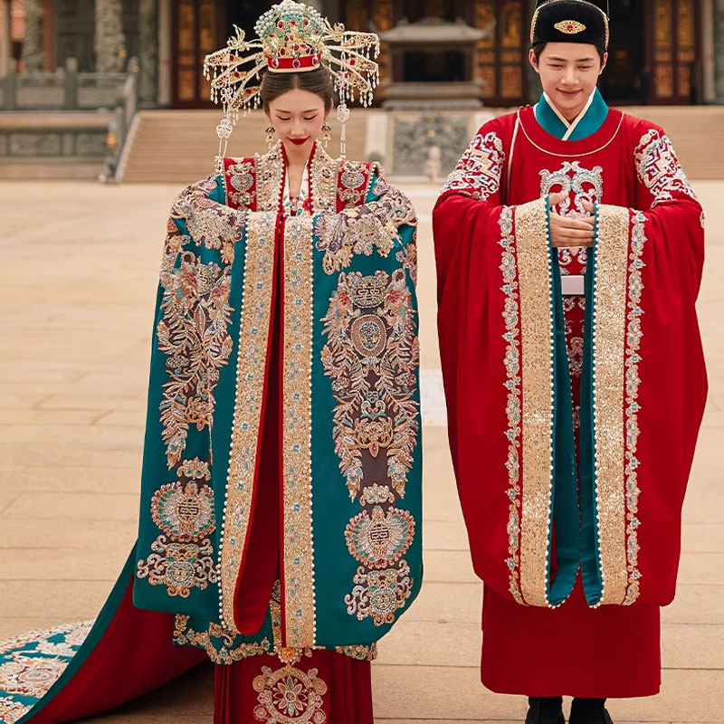 宋制汉服婚服凤冠霞帔2024新款套装重工中式中国风红蓝长袍长拖尾