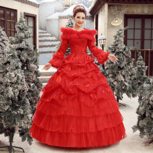 加厚保暖冬天 一字肩齐地大码 婚纱礼服2021新款 新娘结婚红色秋冬款