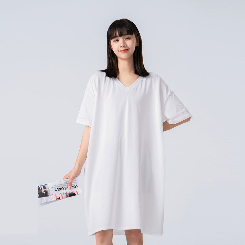 短袖v领t恤女春夏中长款大码胖MM纯棉慵懒风宽松显瘦遮肉中袖上衣