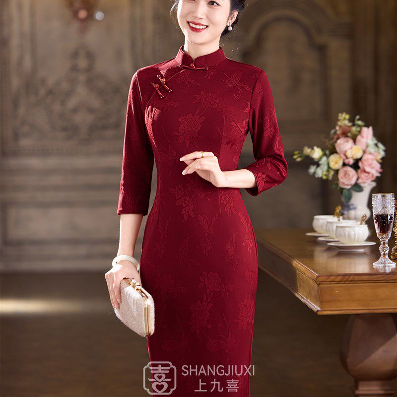 旗袍女小个子红色长袖10月份喜婆婆婚宴装妈妈礼服高端轻奢高级感