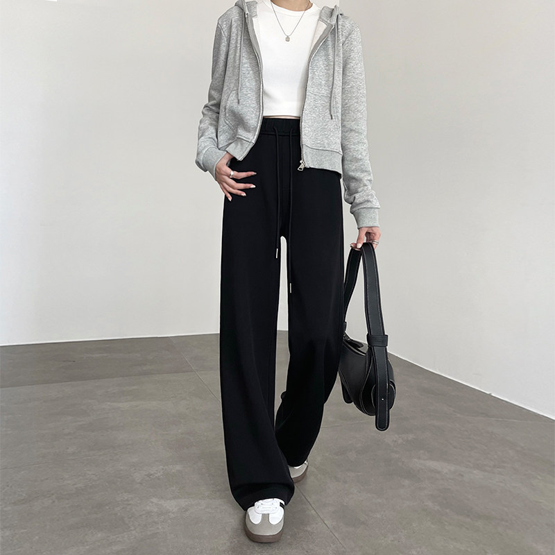 黑色阔腿裤女2024新款春秋高腰显瘦抽绳休闲小个子窄版直筒牛仔裤