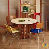 法中古实木全托底板岩板338餐风桌小户型家复古圆桌用洽谈式 桌椅