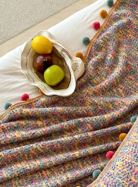 冬季时尚彩虹毛球点毯保MT91暖色织彩珍珠呢办毯午睡居家盖公毯子