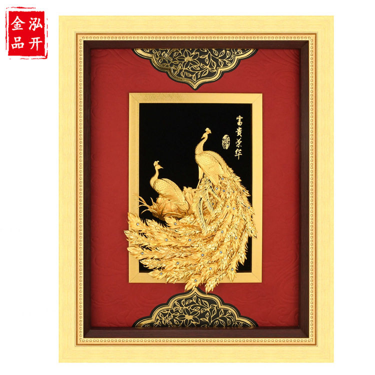 入户玄关装饰画立体金箔孔雀壁画过道挂画 走廊竖版客厅欧式框画