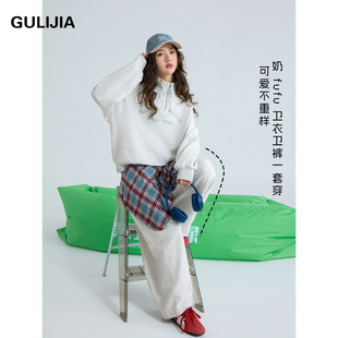 古力家春秋运动风半拉链卫衣套装女大童宽松初中生字母印花两件套