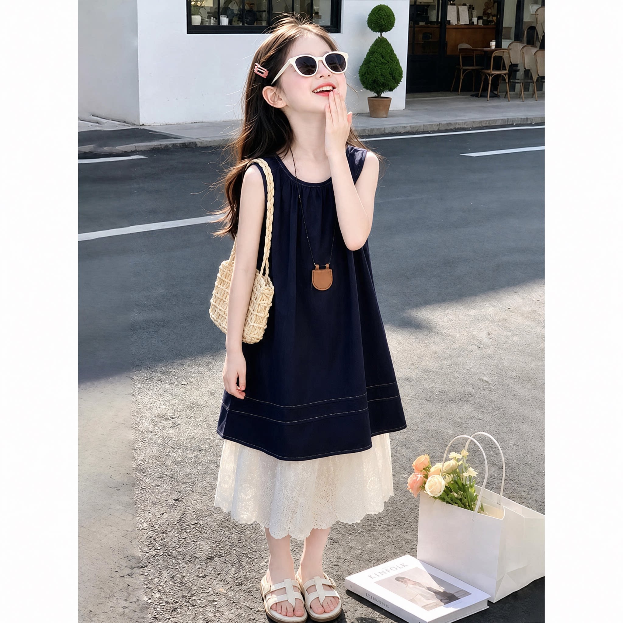 女童洋装夏装2026新款儿童洋派无袖背心裙夏季女孩韩系牛仔裙子 - 实物图