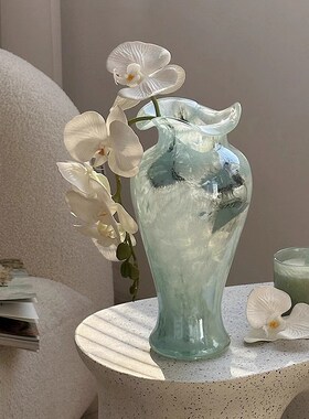 法式蓝色中古芬顿m玻璃花瓶轻奢插花水培造型花器高级感玄关摆件