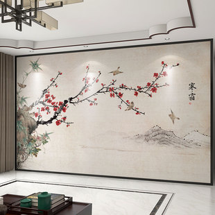 墙纸定制a3d立体中式梅花电视背景墙壁纸客厅花鸟壁布装饰墙布壁