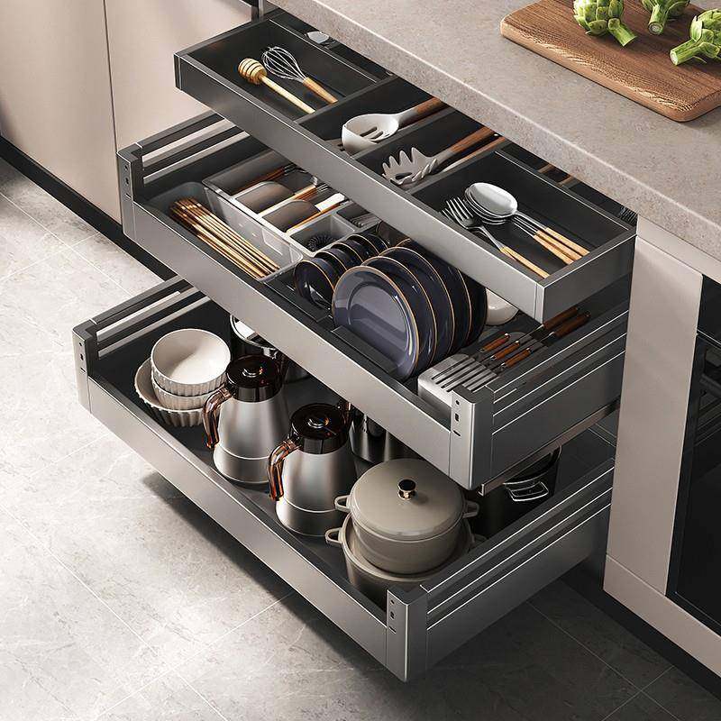 枪灰拉篮厨房橱柜双层抽屉式304不锈钢调味蓝碗碟盘收纳置物碗篮