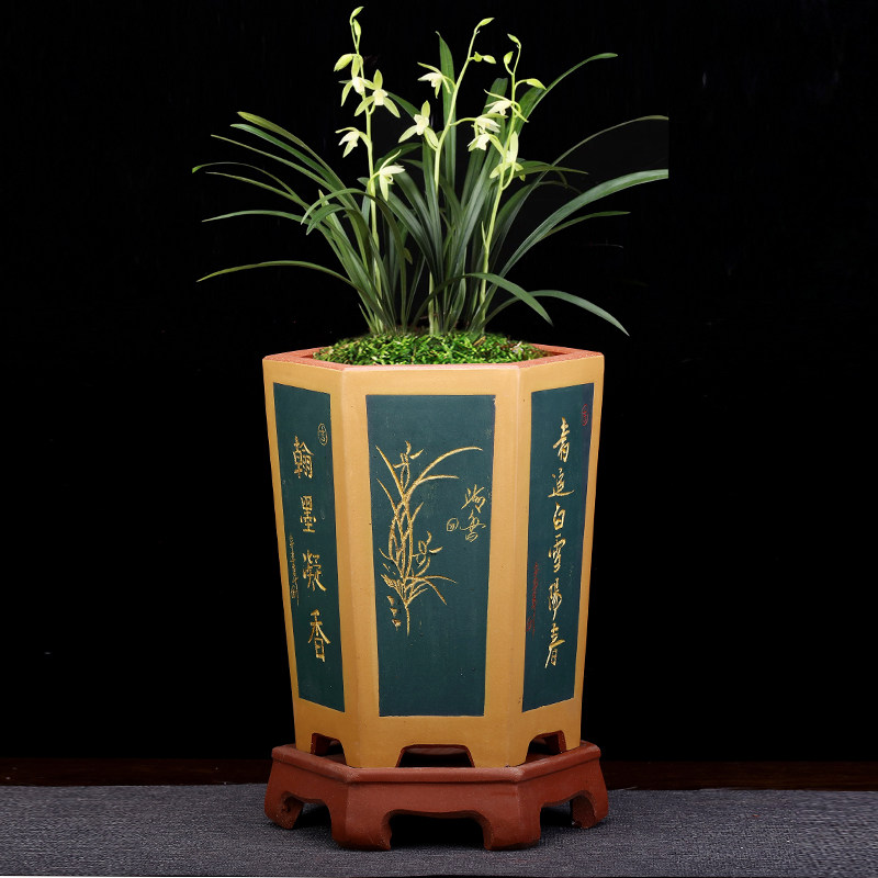 宜兴紫砂兰花六方手工花盆家用室内阳台绿植陶瓷古典透气兰草花盆